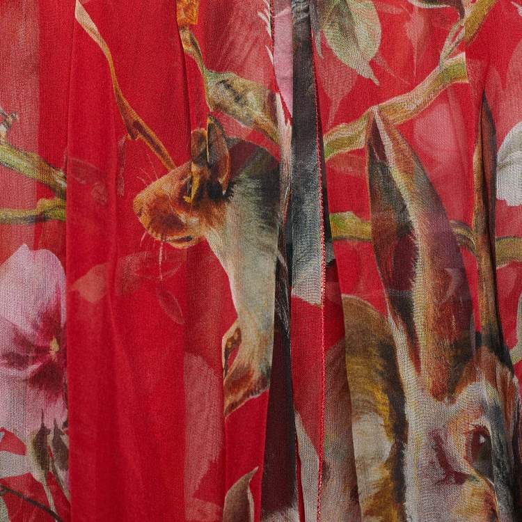 Pre Owned Dolce & Gabbana Red Floral & Animal Print Silk Long Dress & Cape Set S