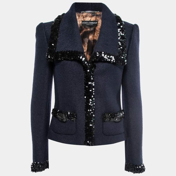 Pre Owned Dolce & Gabbana Navy Blue Wool Sequin-Trim Jacket M 