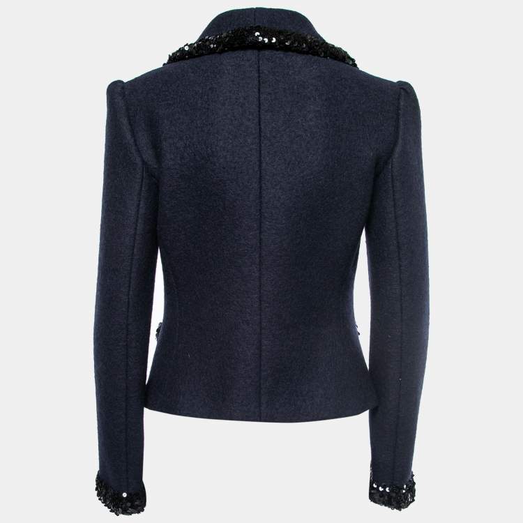 Pre Owned Dolce & Gabbana Navy Blue Wool Sequin-Trim Jacket M 