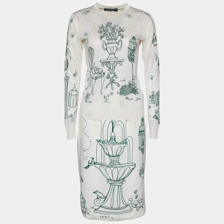 Pre Owned Dolce & Gabbana Ivory Bird Cage Print Silk Knit & Crepe Skirt And Top Set S/M