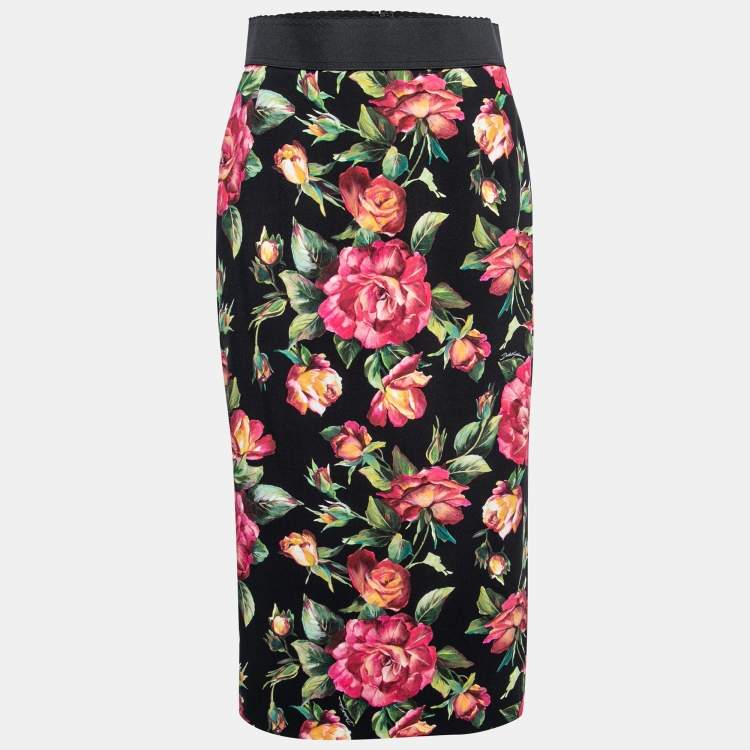 Dolce & Gabbana Black Floral Print Crepe Midi Skirt M Dolce