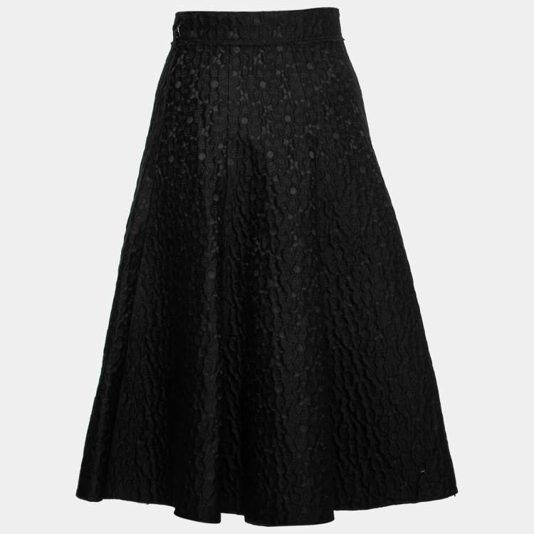 Pre Owned Dolce & Gabbana Black Floral Textured Wool Flared Midi Skirt S