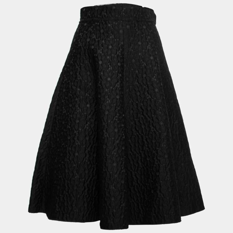 Pre Owned Dolce & Gabbana Black Floral Textured Wool Flared Midi Skirt S