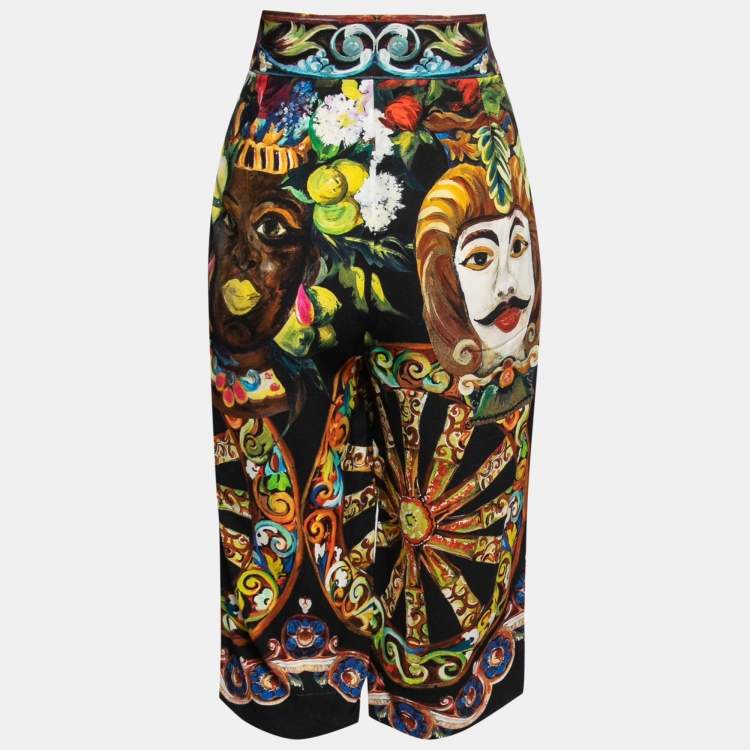 Pre Owned Dolce & Gabbana Black Floral Printed Crepe Cropped Trousers M