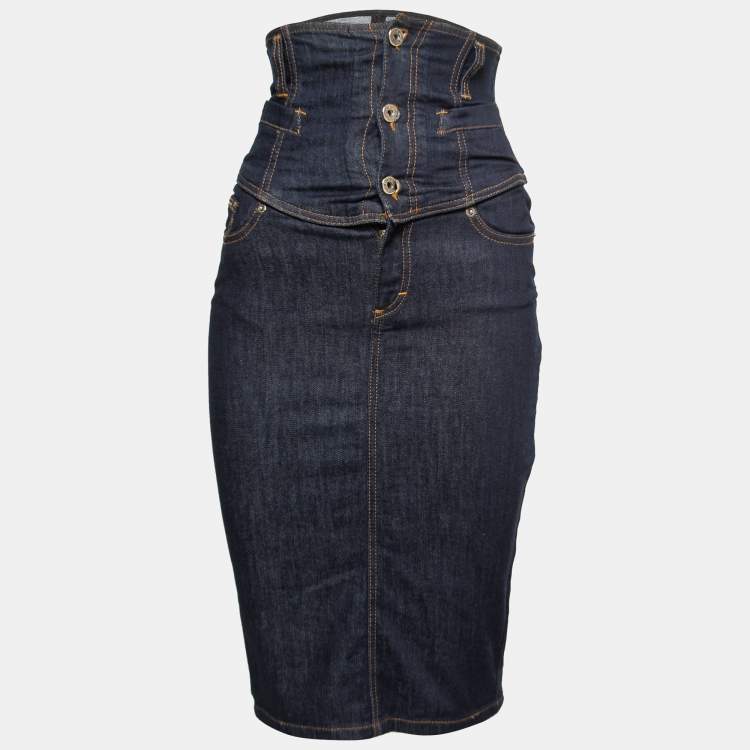 Pre Owned D&G Navy Blue Denim High Waist Detail Midi Skirt S