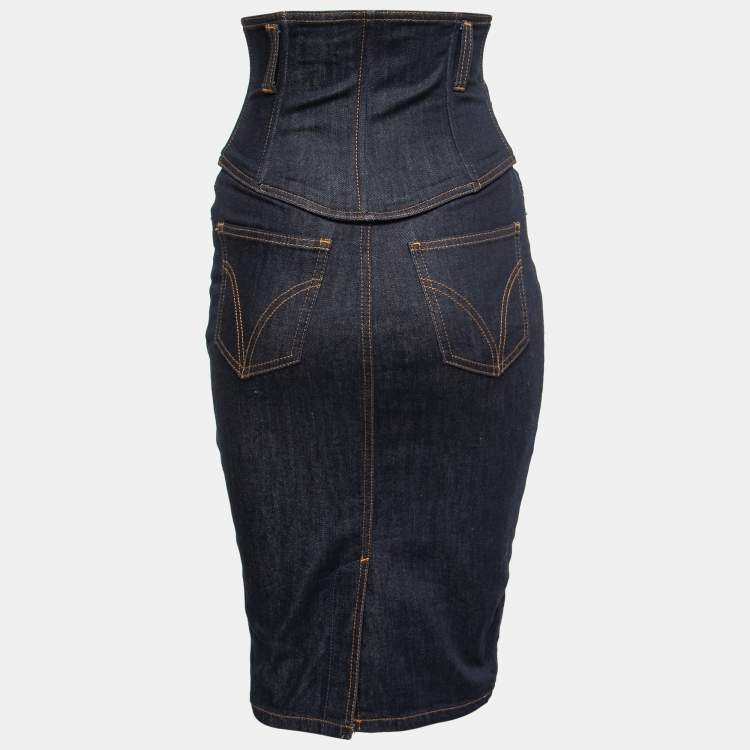 Pre Owned D&G Navy Blue Denim High Waist Detail Midi Skirt S