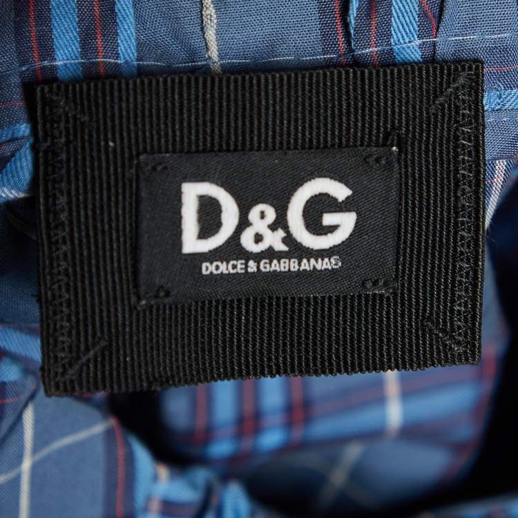 Pre Owned D&G Blue Checkered Cotton Ruffle Neck Shirt M