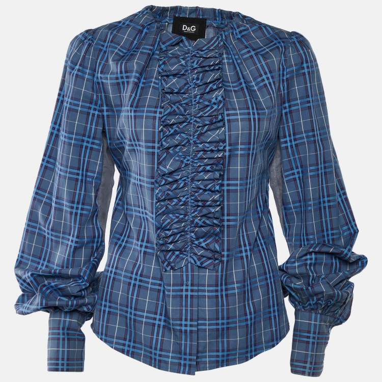 Pre Owned D&G Blue Checkered Cotton Ruffle Neck Shirt M