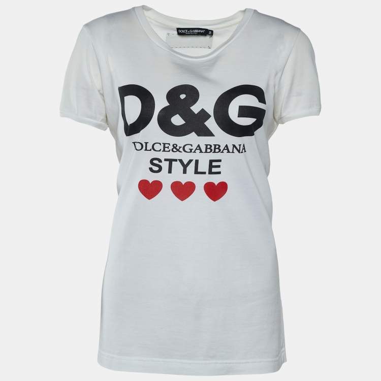 Pre Owned Dolce & Gabbana White Heart & Logo Printed Cotton T-Shirt S