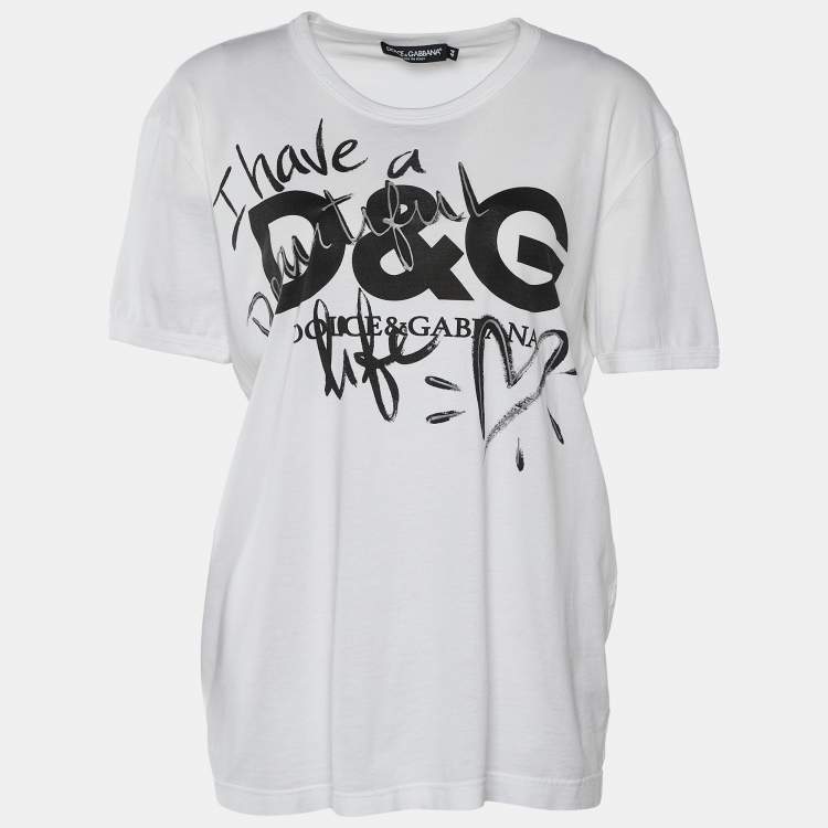 Pre Owned Dolce & Gabbana White Beautiful Life Print Cotton Short Sleeve T-Shirt M