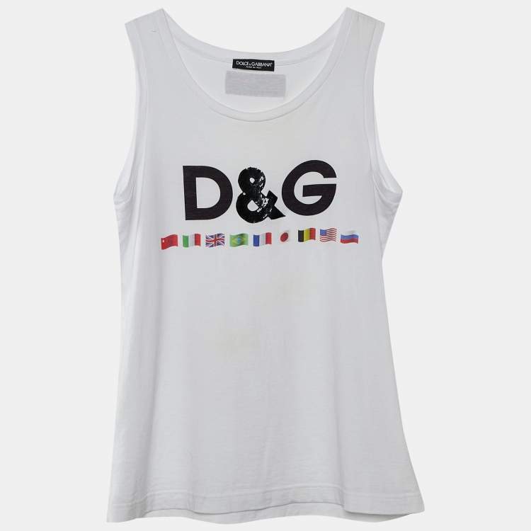 مملوكة مسبقًا Dolce & Gabbana White Flag Logo Printed Cotton Knit Tank Top M