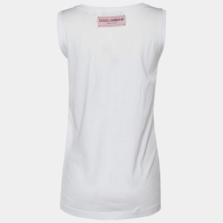 مملوكة مسبقًا Dolce & Gabbana White Flag Logo Printed Cotton Knit Tank Top M
