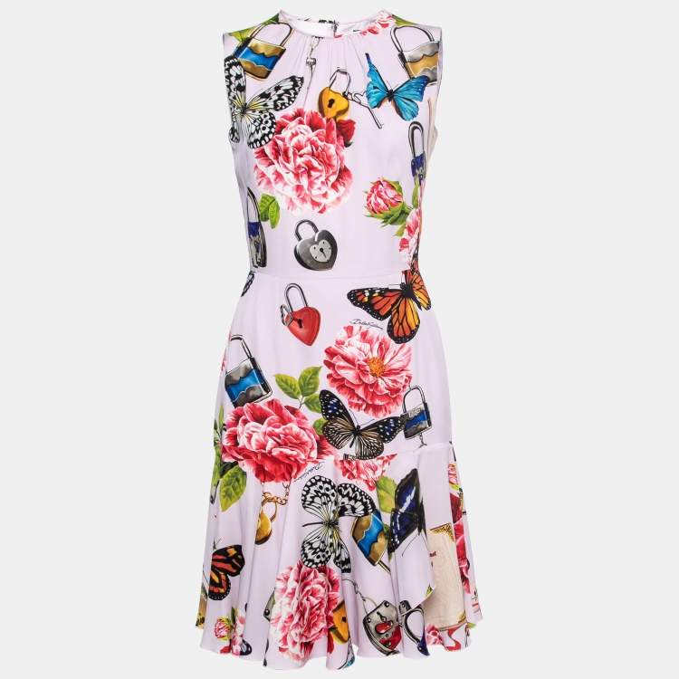 Pre Owned Dolce & Gabbana Pink Butterfly Locket Print Silk Midi Dress M