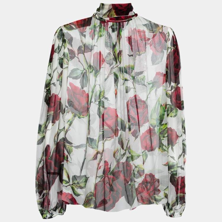 Pre Owned Dolce & Gabbana White Rose Print Silk Neck-Tie Blouse L