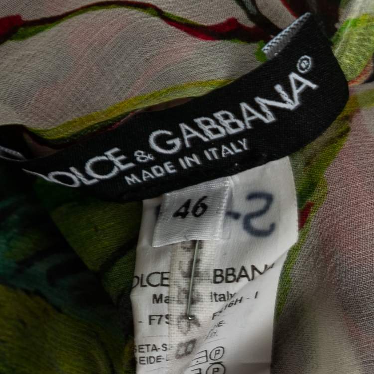 Pre Owned Dolce & Gabbana White Rose Print Silk Neck-Tie Blouse L