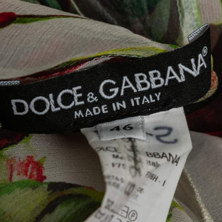 Pre Owned Dolce & Gabbana White Rose Print Silk Neck-Tie Blouse L