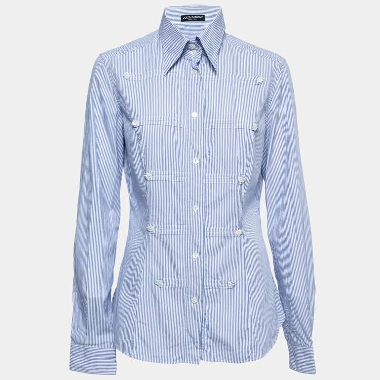 Pre Owned Dolce & Gabbana Blue Striped Cotton Button Front Shirt M