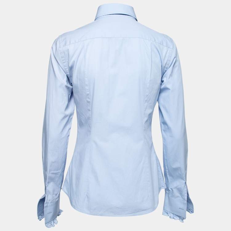 مملوكة مسبقًا Dolce & Gabbana Blue Cotton Ruffle Trimmed Button Front Shirt M