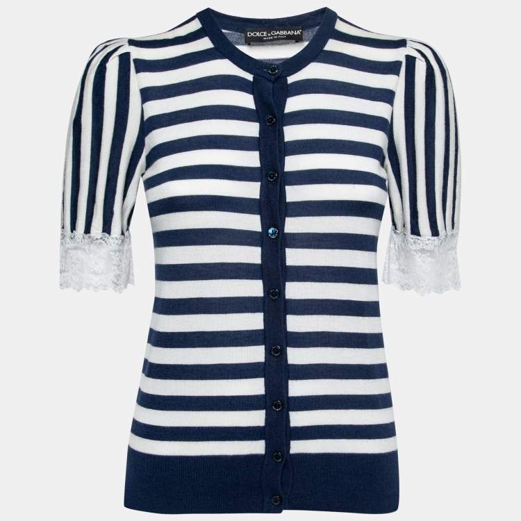 Pre Owned Dolce & Gabbana Navy Blue & White Striped Cashmere Button Front Cardigan M