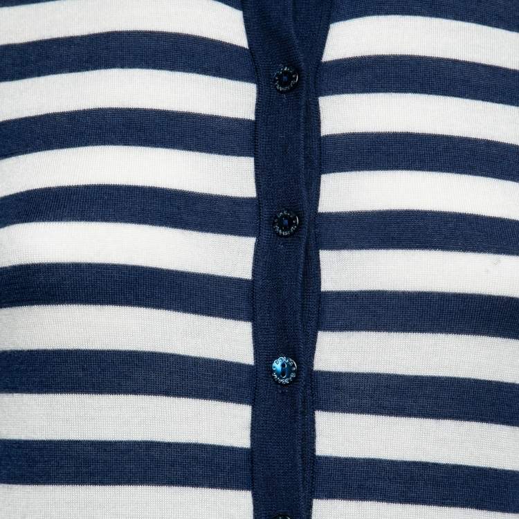 Pre Owned Dolce & Gabbana Navy Blue & White Striped Cashmere Button Front Cardigan M