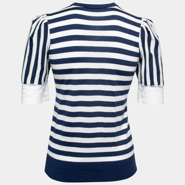 Pre Owned Dolce & Gabbana Navy Blue & White Striped Cashmere Button Front Cardigan M