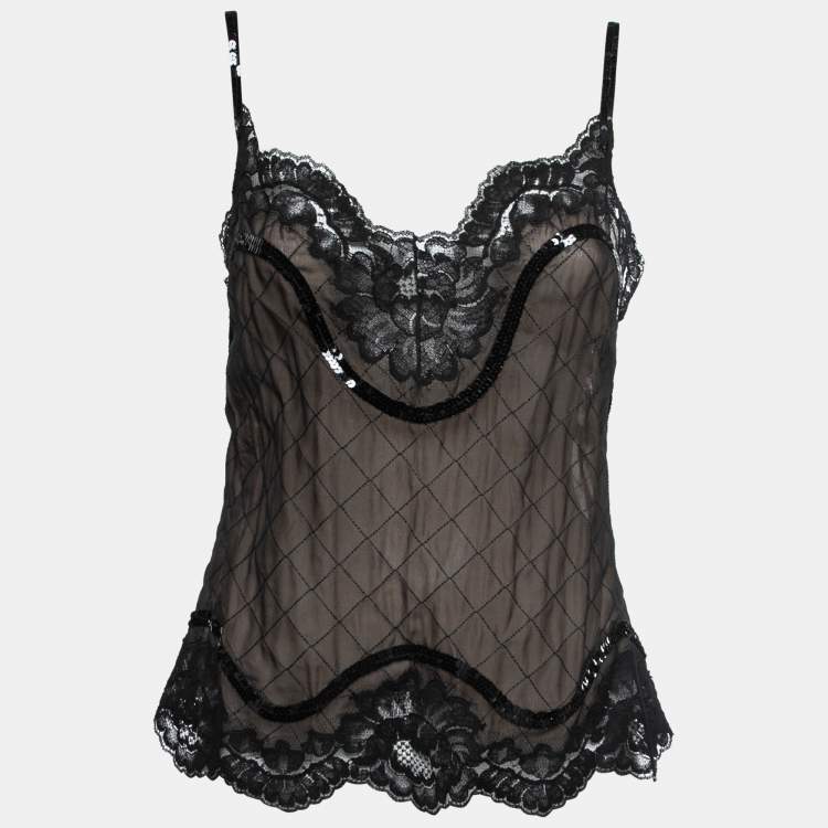 Pre Owned Dolce & Gabbana Black Silk & Lace Sequin Embellished Top M