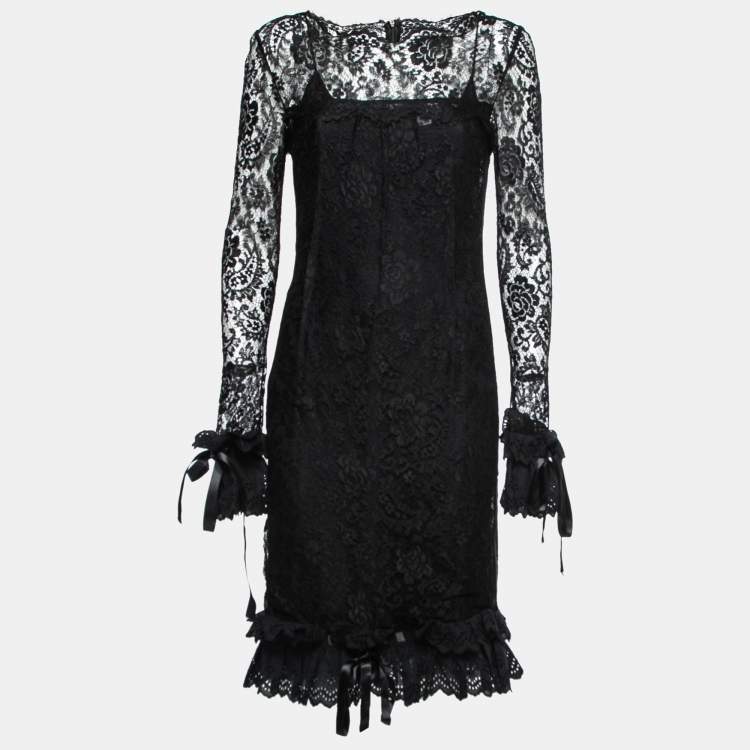 Pre Owned Dolce & Gabbana Black Lace & Eyelet Ruffle Trimmed Dress M