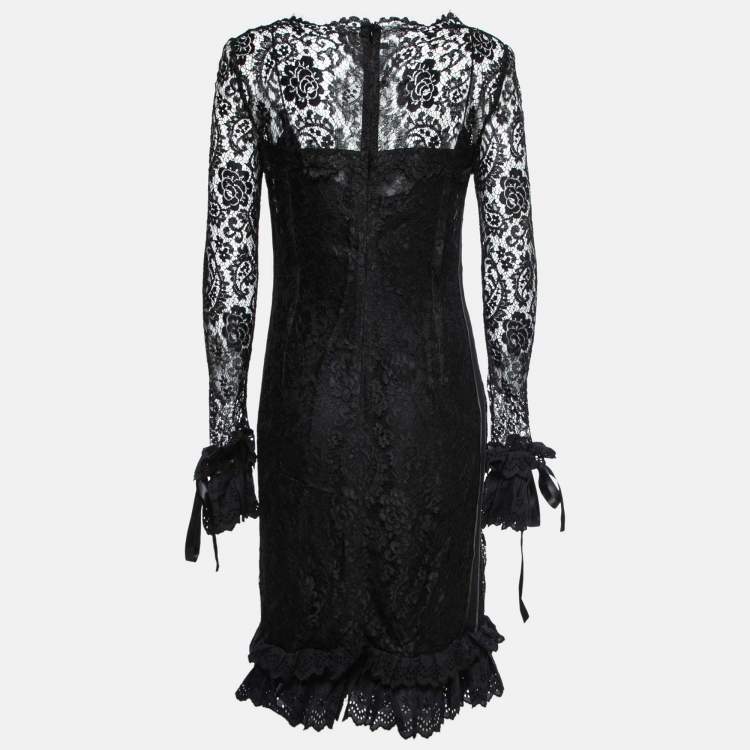Pre Owned Dolce & Gabbana Black Lace & Eyelet Ruffle Trimmed Dress M