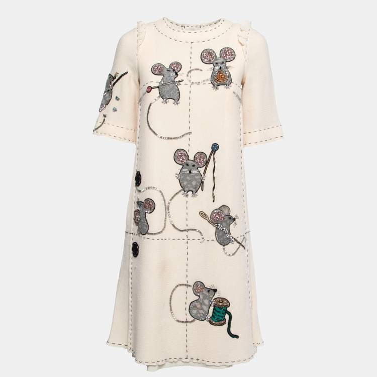 Pre Owned Dolce & Gabbana Cream Crepe Embellished Mouse Shift Dress S 