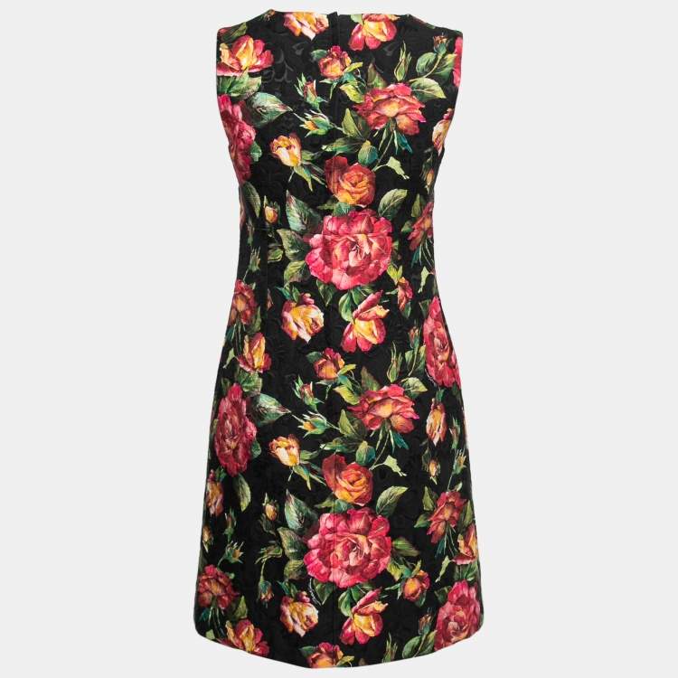Pre Owned Dolce & Gabbana Black Floral Printed Jacquard Sleeveless Sheath Dress S