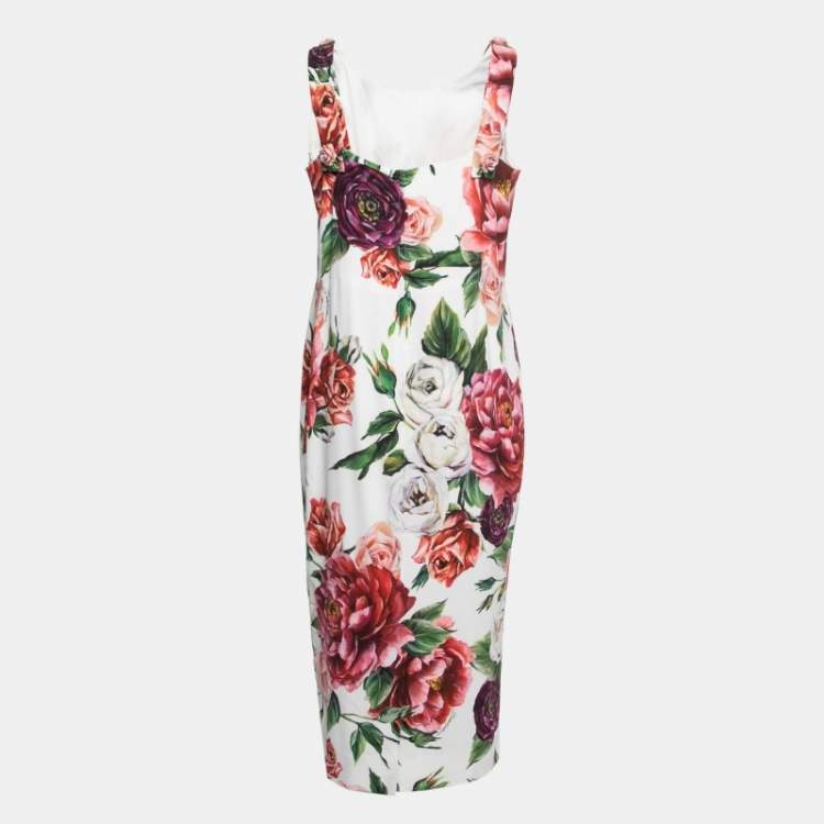 Pre Owned Dolce & Gabbana White Floral Printed Crepe Midi Dress L
