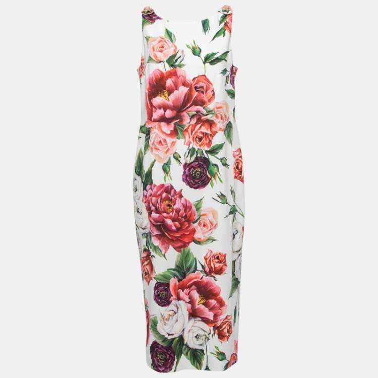 Pre Owned Dolce & Gabbana White Floral Printed Crepe Midi Dress L