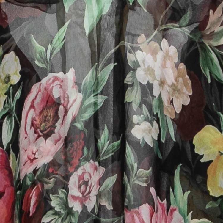 Pre Owned Dolce & Gabbana Black Floral Printed Silk Ruffled Tie-Neck Blouse M