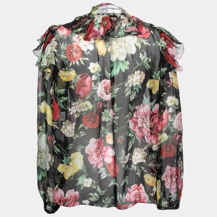 Pre Owned Dolce & Gabbana Black Floral Printed Silk Ruffled Tie-Neck Blouse M