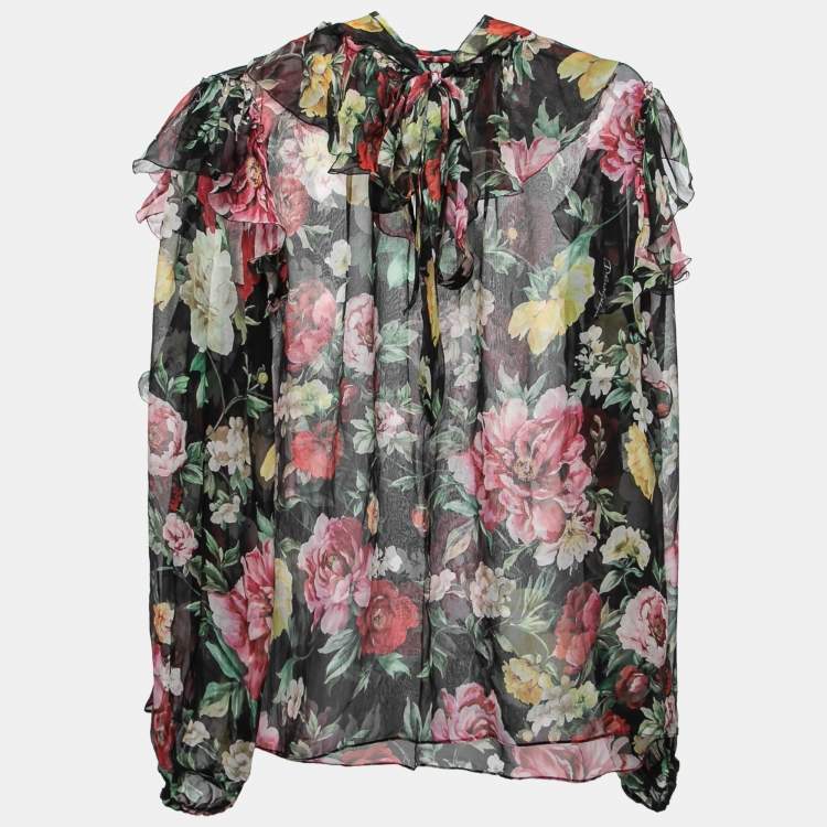 Pre Owned Dolce & Gabbana Black Floral Printed Silk Ruffled Tie-Neck Blouse M