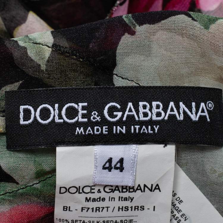 Pre Owned Dolce & Gabbana Black Floral Printed Silk Ruffled Tie-Neck Blouse M