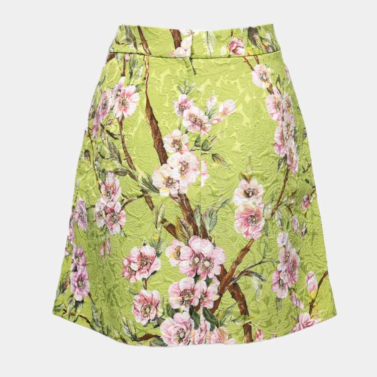 Pre Owned Dolce & Gabbana Green Floral Printed Jacquard Skirt M