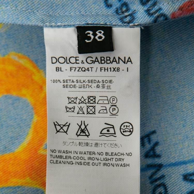 Pre Owned Dolce & Gabbana Blue Printed Silk Crewneck Top S