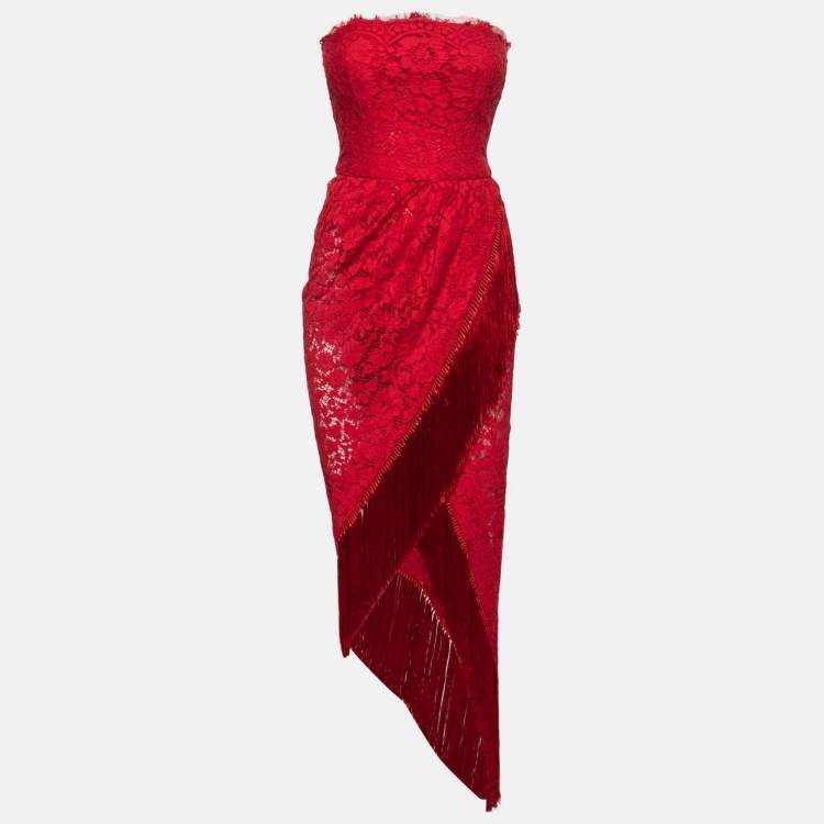 Dolce & Gabbana Red lace Draped Fringe Trimmed Strapless Dress XS Dolce ...