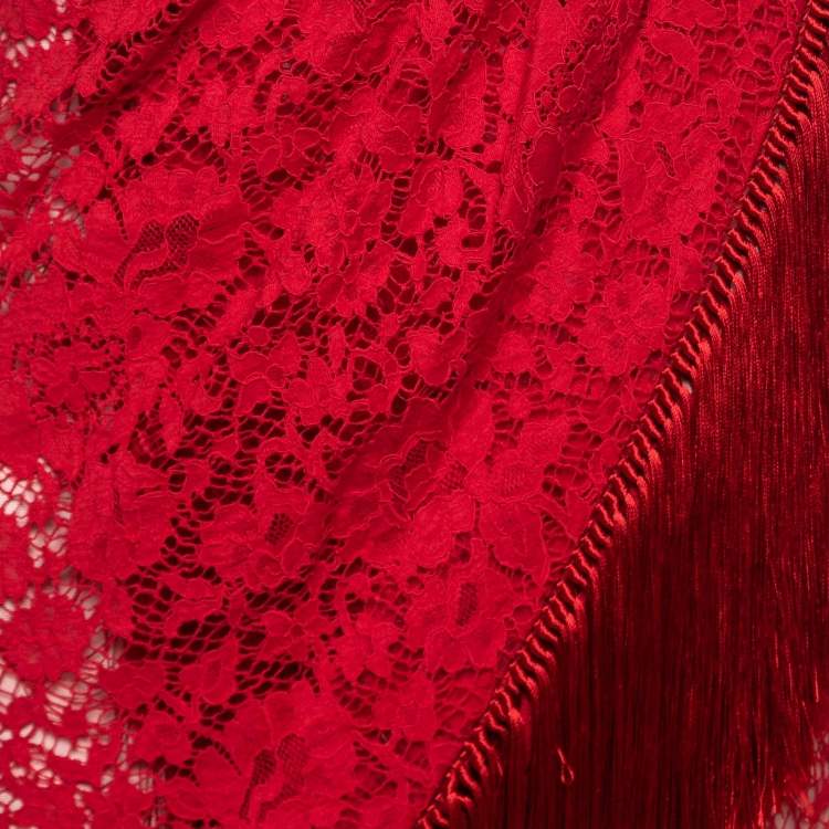 مملوكة مسبقًا Dolce & Gabbana Red lace Draped Fringe Trimmed Strapless Dress XS