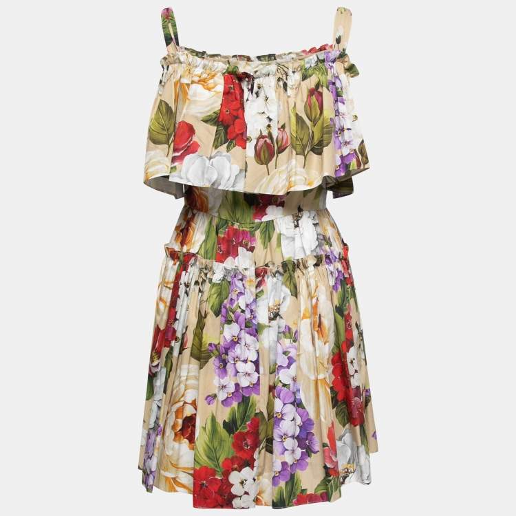 Pre Owned Dolce & Gabbana Beige Floral Printed Cotton Tiered Mini Dress M
