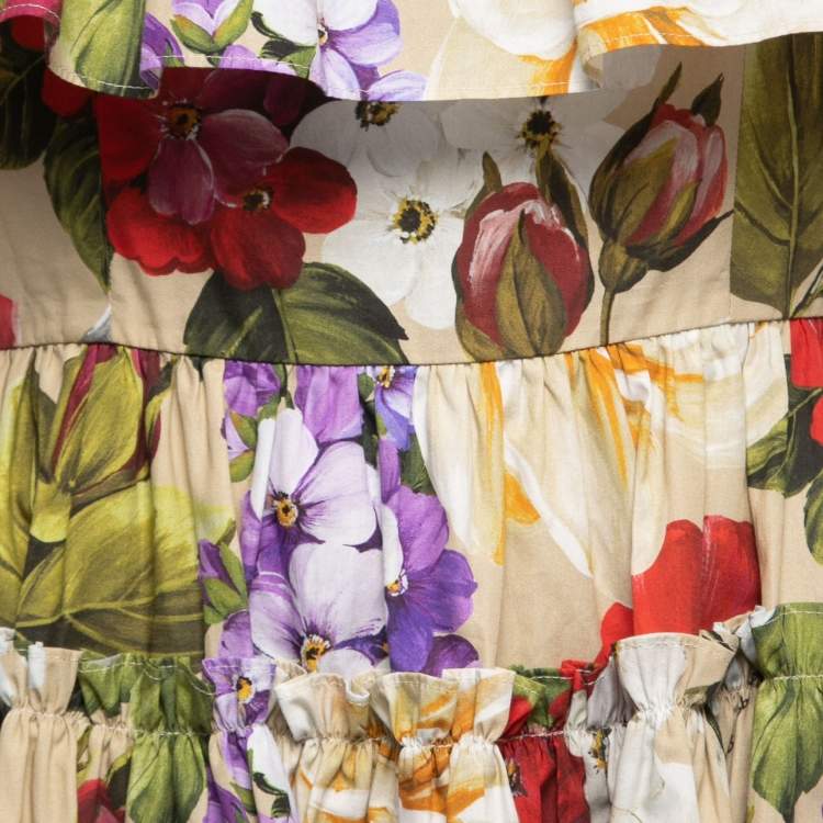Pre Owned Dolce & Gabbana Beige Floral Printed Cotton Tiered Mini Dress M