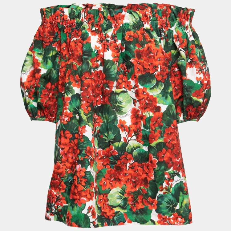 Pre Owned Dolce & Gabbana Red Floral Printed Cotton Poplin Off-Shoulder Top S
