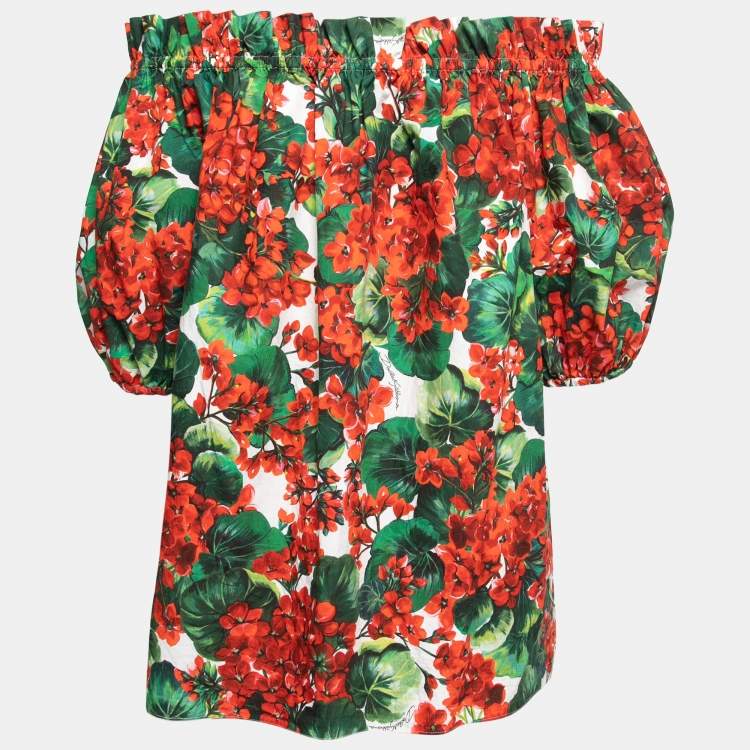 Pre Owned Dolce & Gabbana Red Floral Printed Cotton Poplin Off-Shoulder Top S