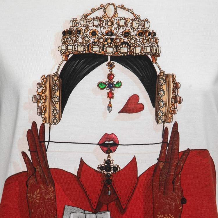 Pre Owned Dolce & Gabbana White Cotton Queen of Hearts Print T-Shirt S