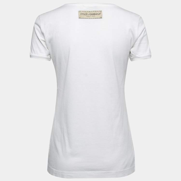Pre Owned Dolce & Gabbana White Cotton Logo & Heart Print T-Shirt S
