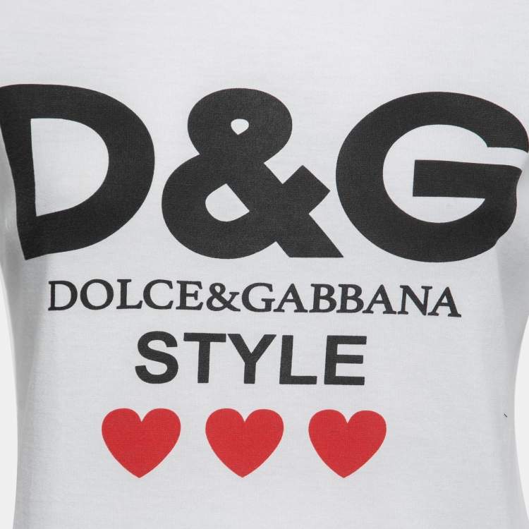 Pre Owned Dolce & Gabbana White Cotton Logo & Heart Print T-Shirt S