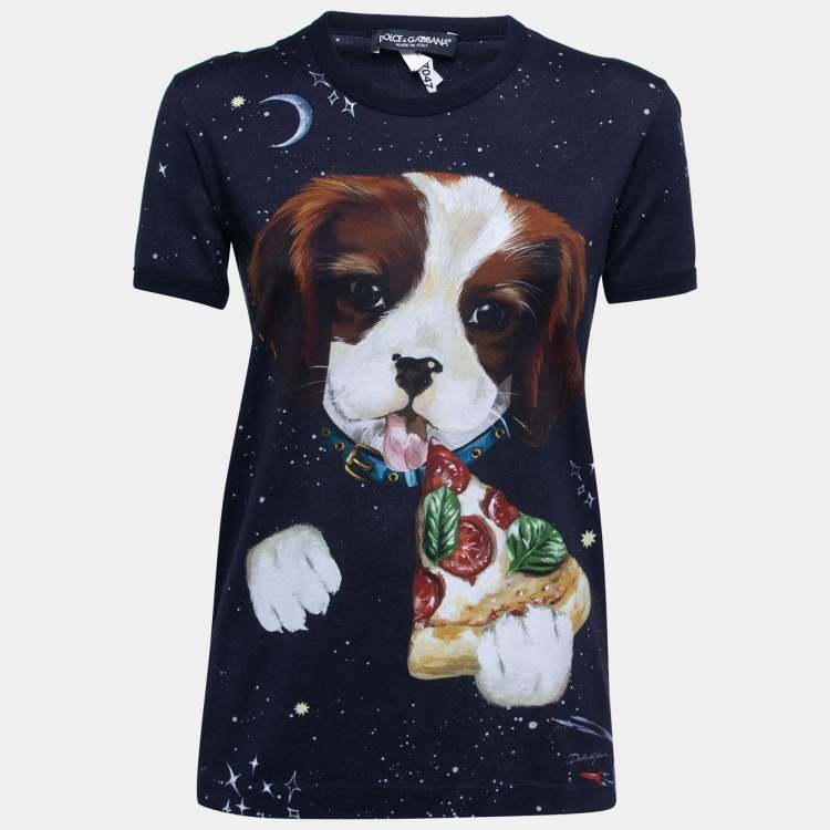 Pre Owned Dolce & Gabbana Navy Blue Cotton Puppy Print Short Sleeve T-Shirt XS