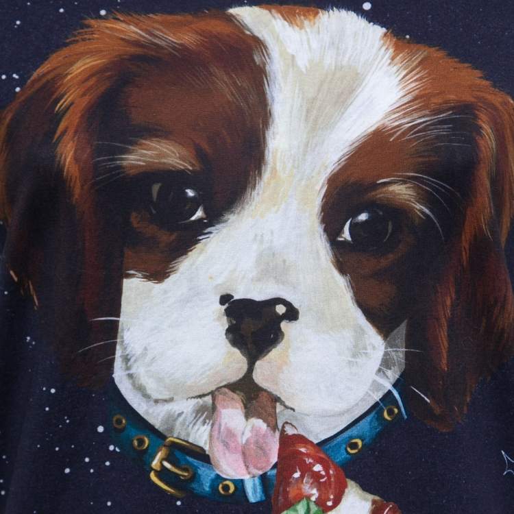 Pre Owned Dolce & Gabbana Navy Blue Cotton Puppy Print Short Sleeve T-Shirt XS