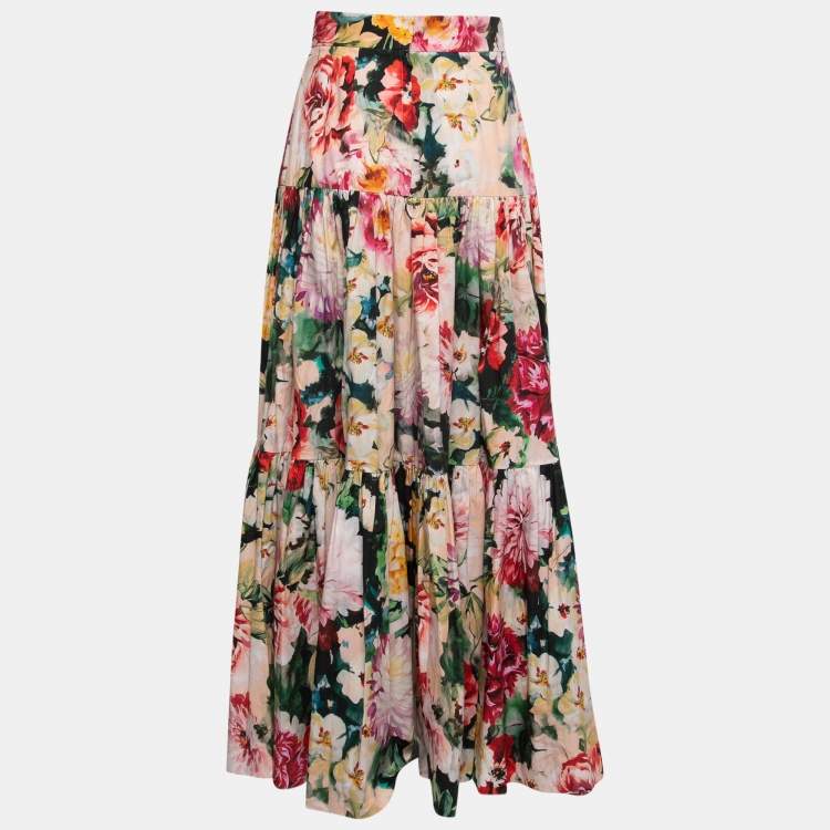 Pre Owned Dolce & Gabbana Pink Multicolor Floral Printed Cotton Maxi Skirt S